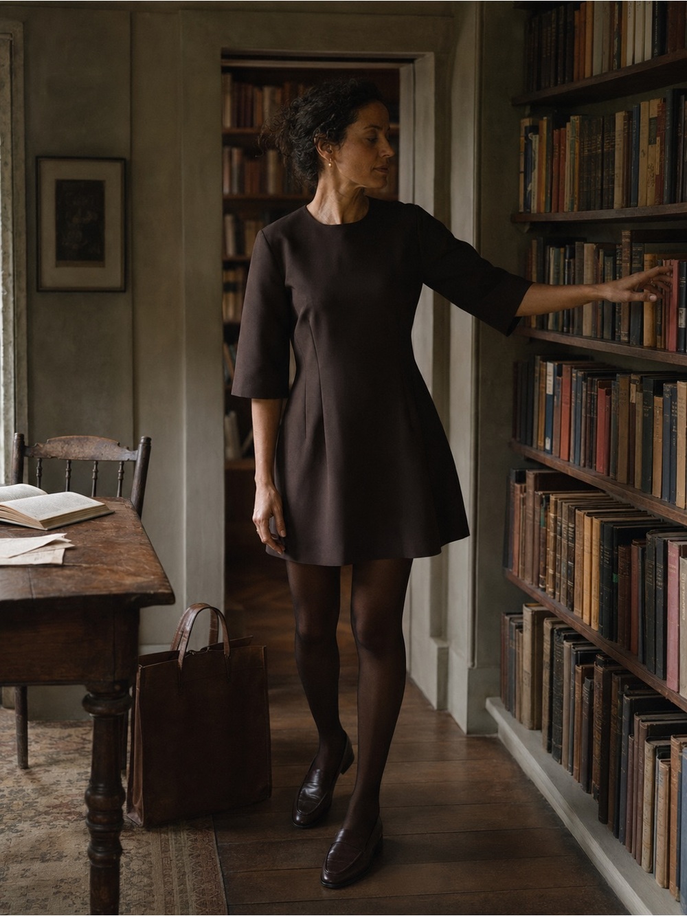 Zara Chocolate Brown Architectural A-Line Mini Shift Dress Pockets Women’s Large - Picture 9 of 9